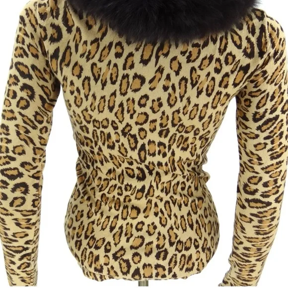 CACHE Zipper Sweater SMALL Leopard Animal Print Fox Fur Collar Knit Cardigan Top - Picture 11 of 15